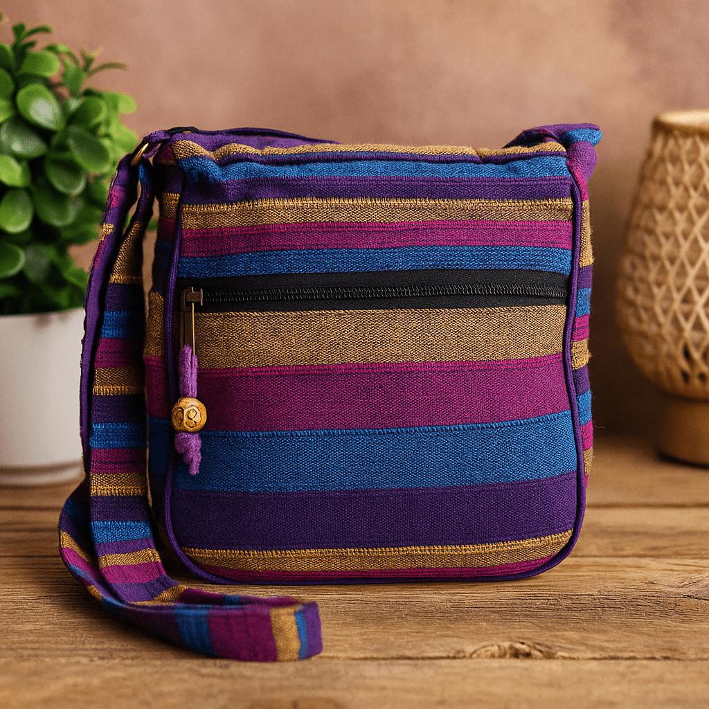 Shamtam Women's Light/Gold Sling Bag Wild Flowers Adjustable Strap Nepal