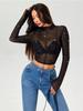 Spring and Summer Women's Small Standing Collar Long-sleeved Mesh Transparent Sequins Decorated T-shirt Tops for Women Versatile Fashion Shirt