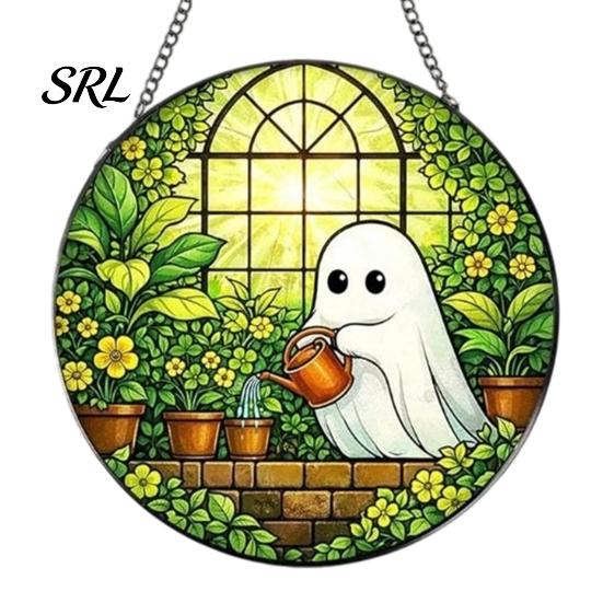Horror Party Atmosphere Supplies Retro Halloween Pendant, Ghost/Bat/Spider Web/Pumpkin Head Print, Acrylic Disc Wall Decor Vintage Hanging Ornament
