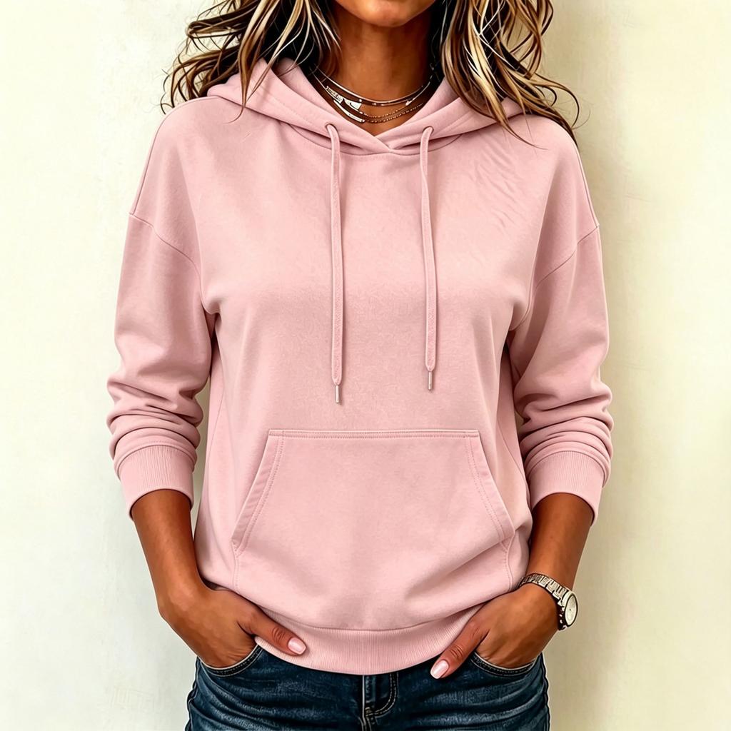 Women's Fashion Long Sleeve Hoodie Pullover Sweatshirt Solid Color Pocket Casual Pullover Sweatshirt with Drawstring Hood and Front Pocket