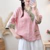 Summer Women's Vintage Ethnic Style Cotton Linen V-Neck Embroidered Buttoned Sleeveless Blouse Top