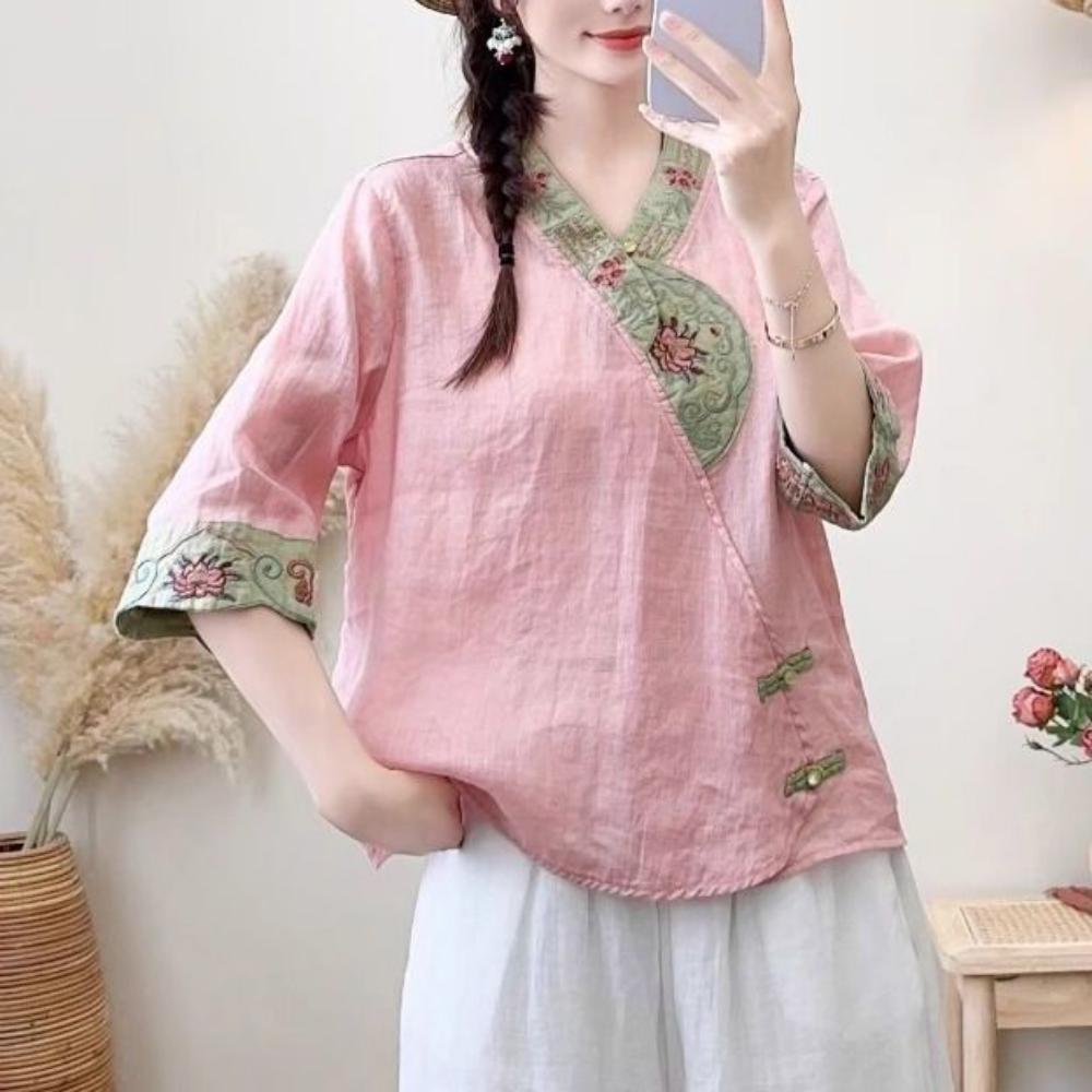Summer Women's Vintage Ethnic Style Cotton Linen V-Neck Embroidered Buttoned Sleeveless Blouse Top