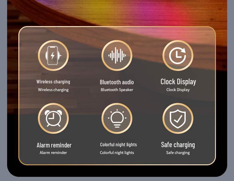 2025 Multifunktionales kabelloses Ladegerät & Bluetooth-Lautsprecher mit buntem Nachtlicht & Wecker - Ideales Geschäftsgeschenk für Gäste