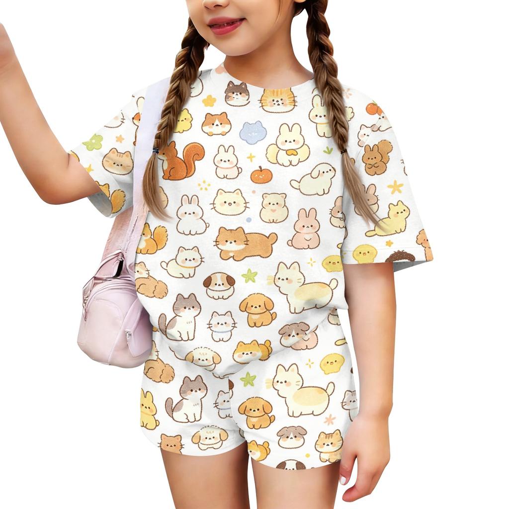 Kids Casual Two Piece Set Short Sleeve Top and Shorts Animal Pattern Lightweight Comfortable Summer Outfit for Boys and Girls