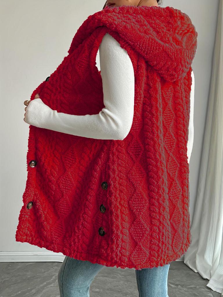 Popular Style Solid Color Plush Hooded Button Cardigan - Women's Autumn/Winter Casual Vest