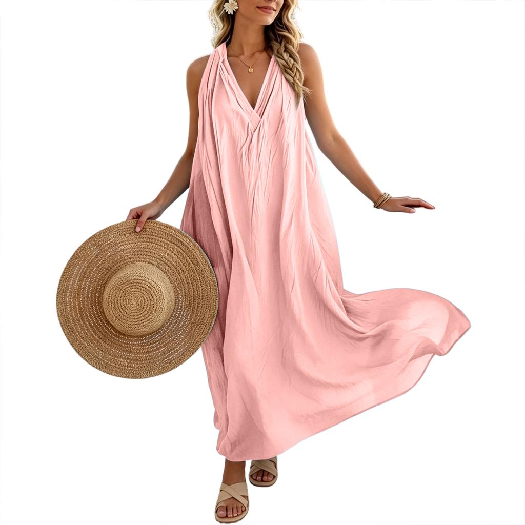 Women Sleeveless Loose Fit Maxi Dress with Pockets Elegant V Neck Solid Casual Long Dress for Summer Beach Holiday