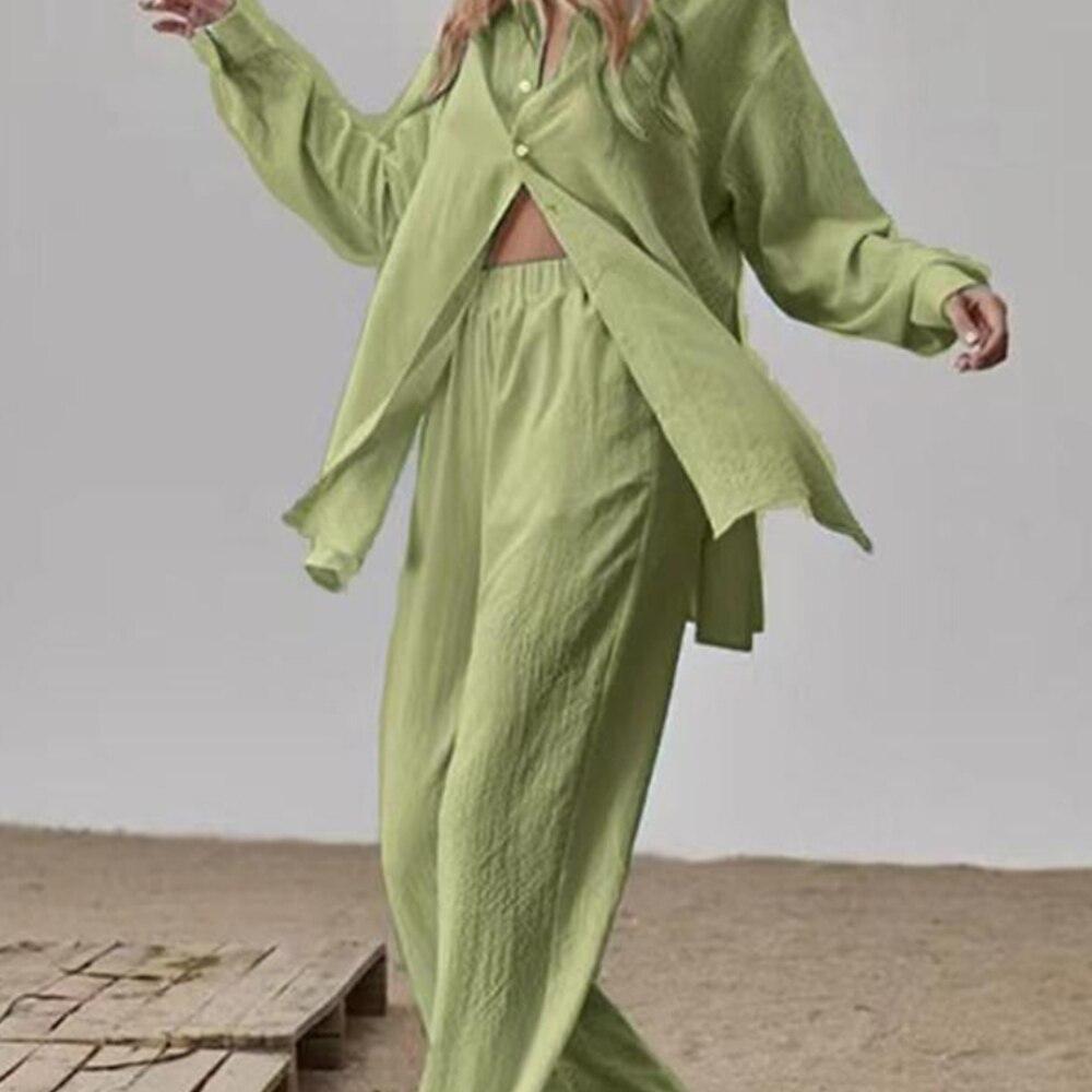 Jarní Elegantní Volný Módní Jednobarevný Outfit Dámské Košilové Obleky Dlouhý Rukáv Klopový Límec Košile A Elastické Kalhoty s Vysokým Pasem 2dílný Set