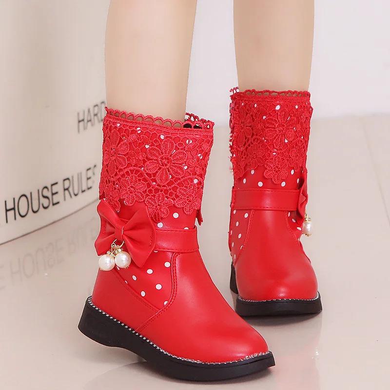 Children Fashion Leather Boots Versatile Lace Beautiful Elegant Princess Shoes PU Cotton Kids Shoes Classic Boots Drop Shipping