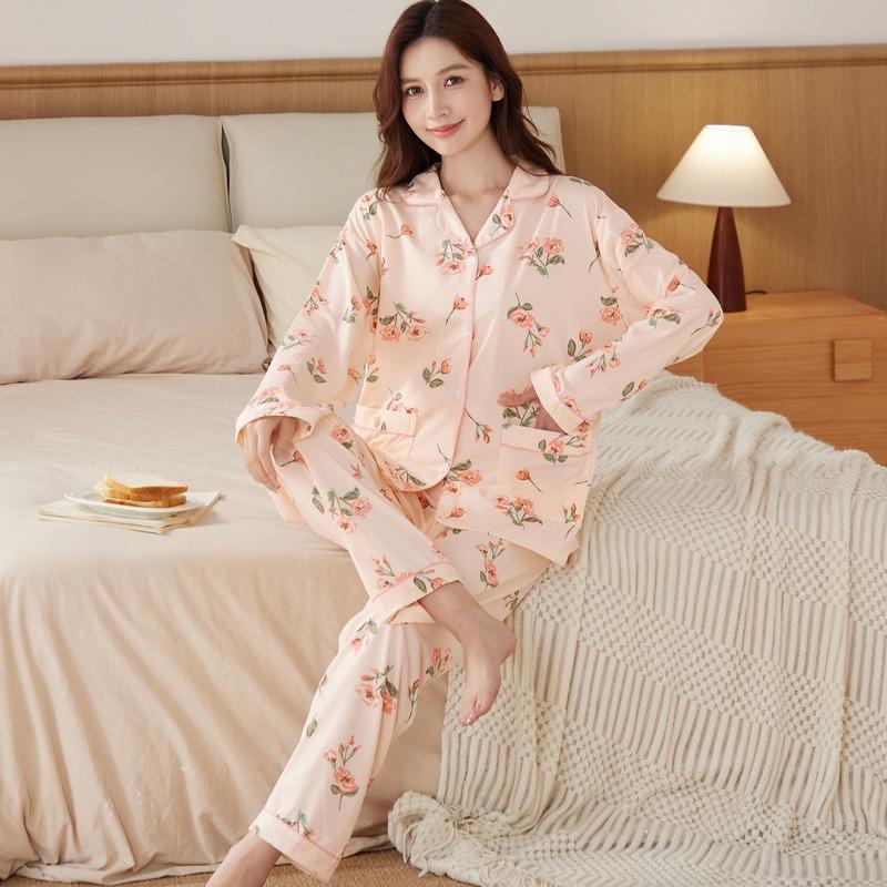 Rik Blomma Ny Pyjamas Dam Vår och Höst Imitation Bomull Långärmad Loungewear Stor Storlek Bekväm Mamma Kostym