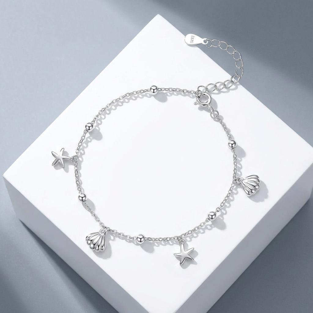 S925 Sterling Silver Starfish and Shell Charm Bracelet Minimalist Plain Silver Ocean Jewelry for Women Gift