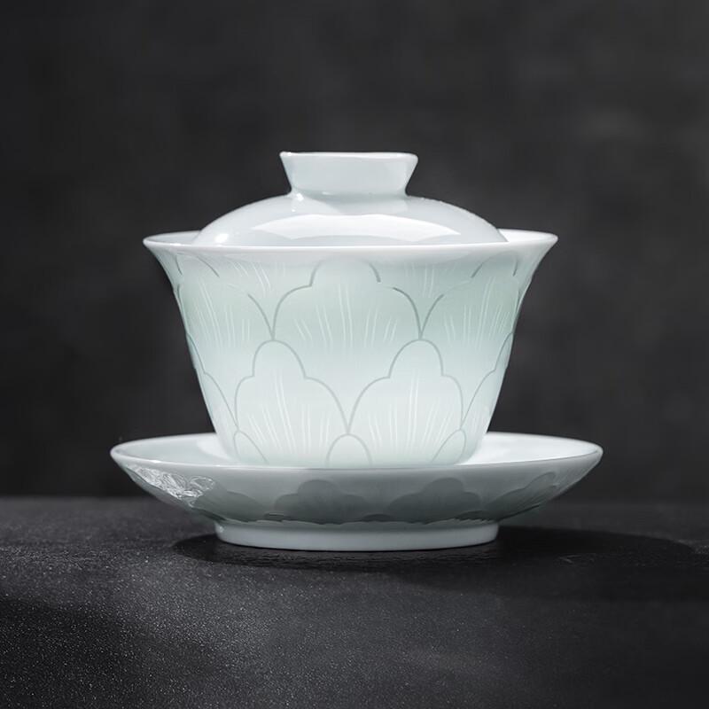 Jingdezhen Ceramic Gaiwan with Shadow Green Carving