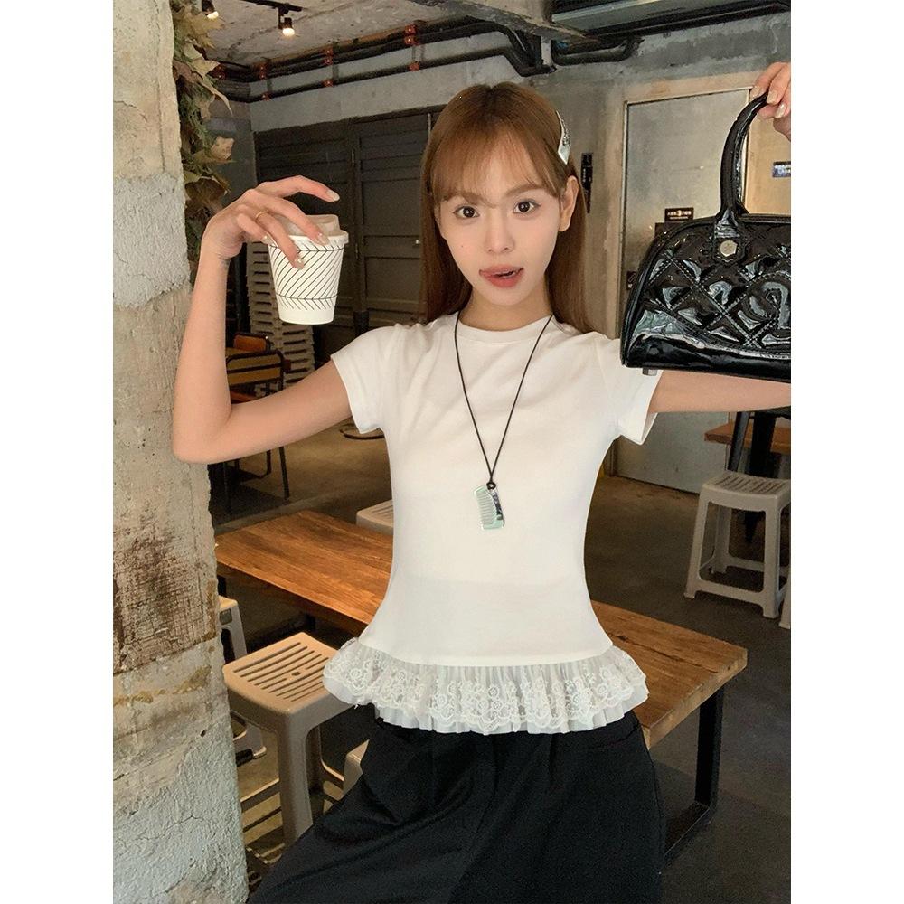 Special Offer, Sweet Lace Splicing Hems Crew Neck Short Sleeve T-Shirt Women's Summer