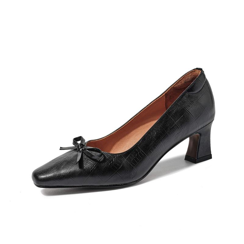 

Krazing Pot Cow Skin Square Toe High Heels Summer Shoes Big Size 41 Butterfly-knot Women Shallow Pumps 34