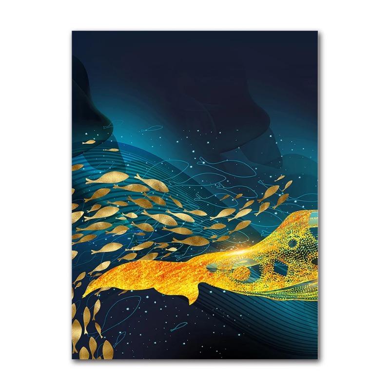 Afiș de pictură artistică cu balenă de aur și mare și poză de imprimare pe perete, terasa, decorare, pânză scandinavă, imprimare artistică cu ridicata