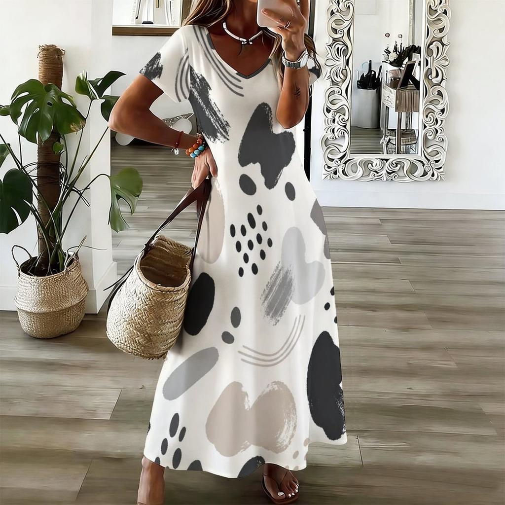 Women Plus Size V Neck Short Sleeve Abstract Printed Long Maxi Dress