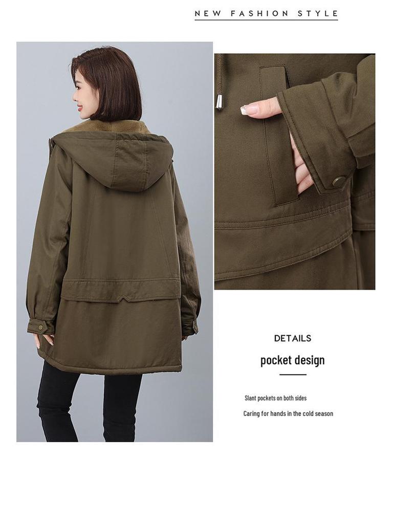 2024 Women's Plus Size Velvet Parka: Mid-Length, Loose Fit, Thickened Hooded Winter Coat for Middle-Aged Moms