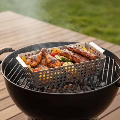 Stainless Steel Vegetable Grill Basket Leakage Hole Design Double Handle BBQ Tray Rectangular Reusable Grilling Plate Outdoor