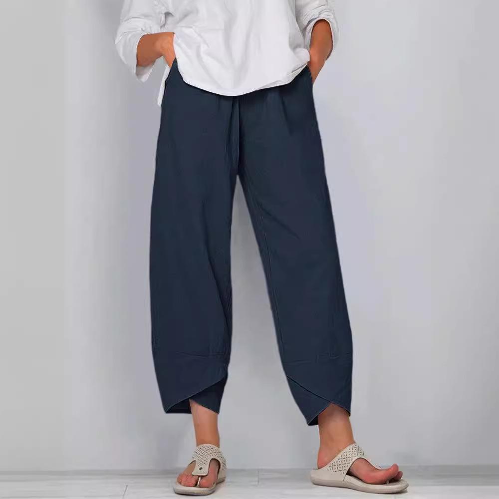 Women's Hot Selling Wide Leg Cotton Linen Pants – Elastic Waist, Casual, Nine-Point Style