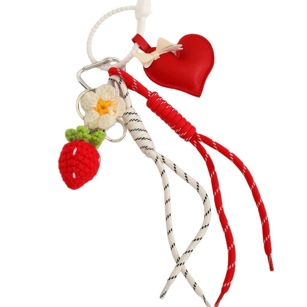 Handmade leather love bow bag hanging strawberry flower woven rope pendant keychain high sense