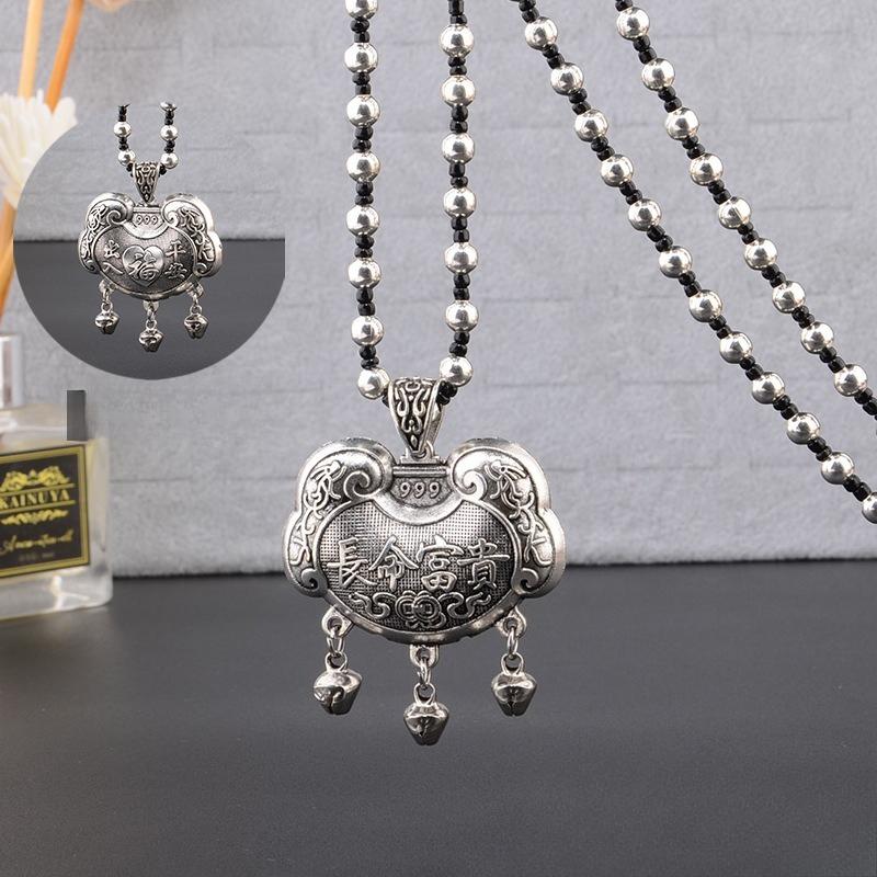 Colier cu pandantiv Lacătul Păcii Argintiu Retro - Lanț Lung pentru Pulover pentru Femei, cu Patru Laturi pentru Avere, în Stil Național