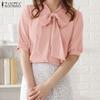 ZANZEA Women Casual Bows Round Neck Summer Short Sleeve Blouse