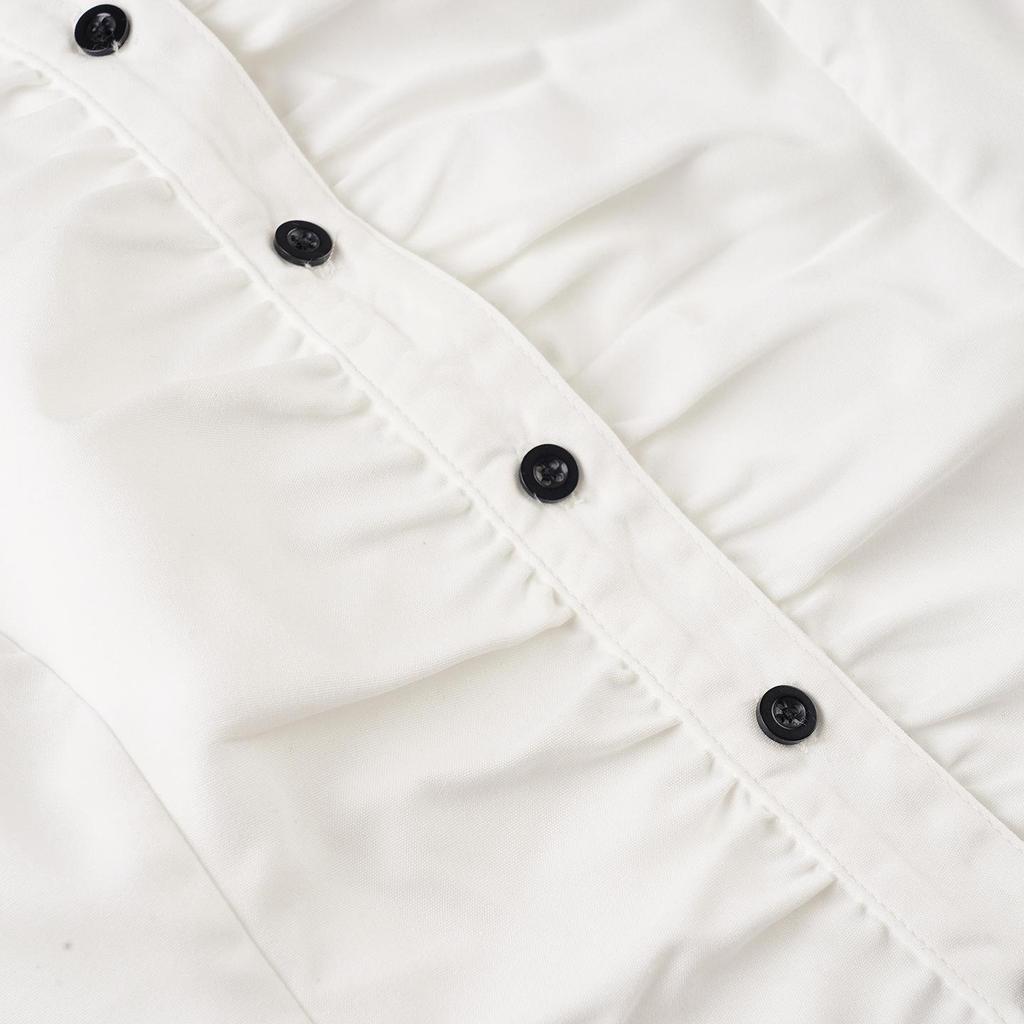 American Style Lapel Waist-Cinched Pleated Short-Sleeve Cardigan Shirt