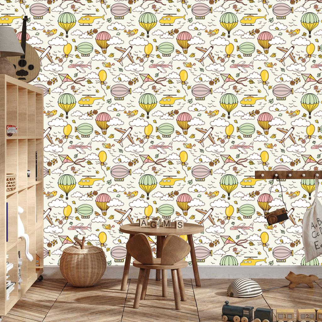 Wallpaper Colorful airplanes with balloons for living room and bedroom 50x1000