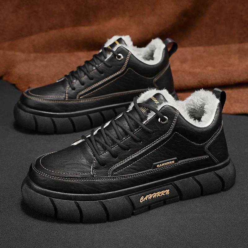 

Модные повседневные кожаные туфли для мужчин, мужские рабочие ботинки из бархата, сохраняющие тепло на открытом воздухе для ходьбы по снегу, износостойкие высококачественные мужские туфли 42 чёрный