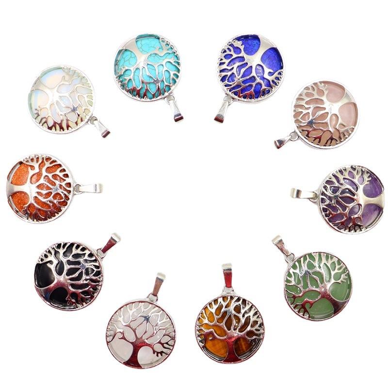 JMXD-Tree of Life Pendant Necklace Round Natural Stone Retro Fortune Tree  Hollow Peace Tree Necklace