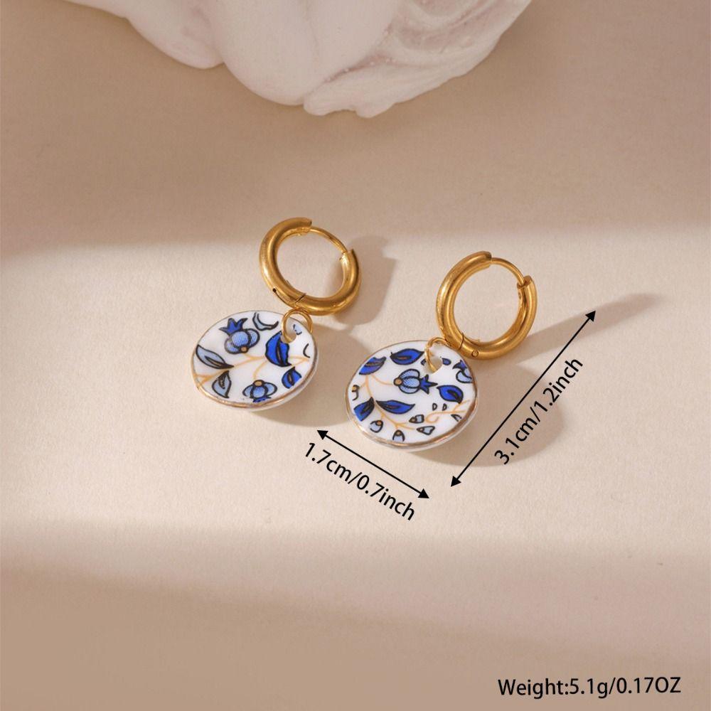 Chinese Style Blue and White Porcelain Earrings Dripping Oil Gold Enamel Hoop Earrings  Girls