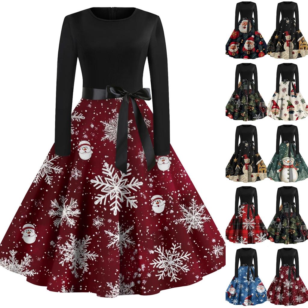 Vestidos de fiesta de noche con estampado navideño de cuello redondo y manga larga vintage a la moda para mujer