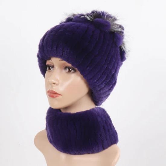Knitted Women Warm Rex Rabbit Fur Hat Scarf Sets Winter Natural Rex Rabbit Fur Cap Scarves Russia Lady Fur Hats Muffler 2 Pieces