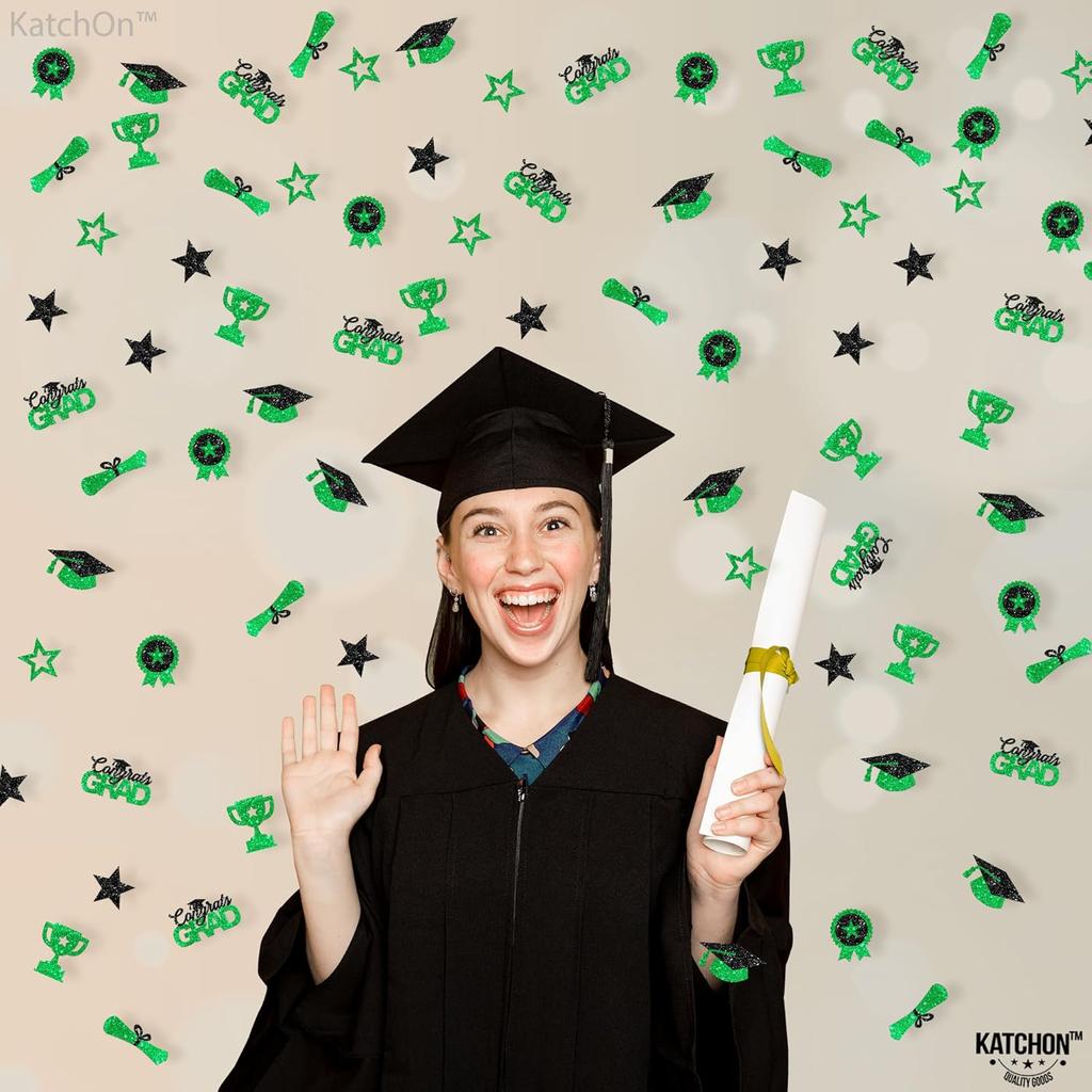 KatchOn, Glitter, Green and Black Graduation Confetti - Pack of 300 | Graduation Cap, Star Confetti for Graduation Table Decorations | Congrats Grad