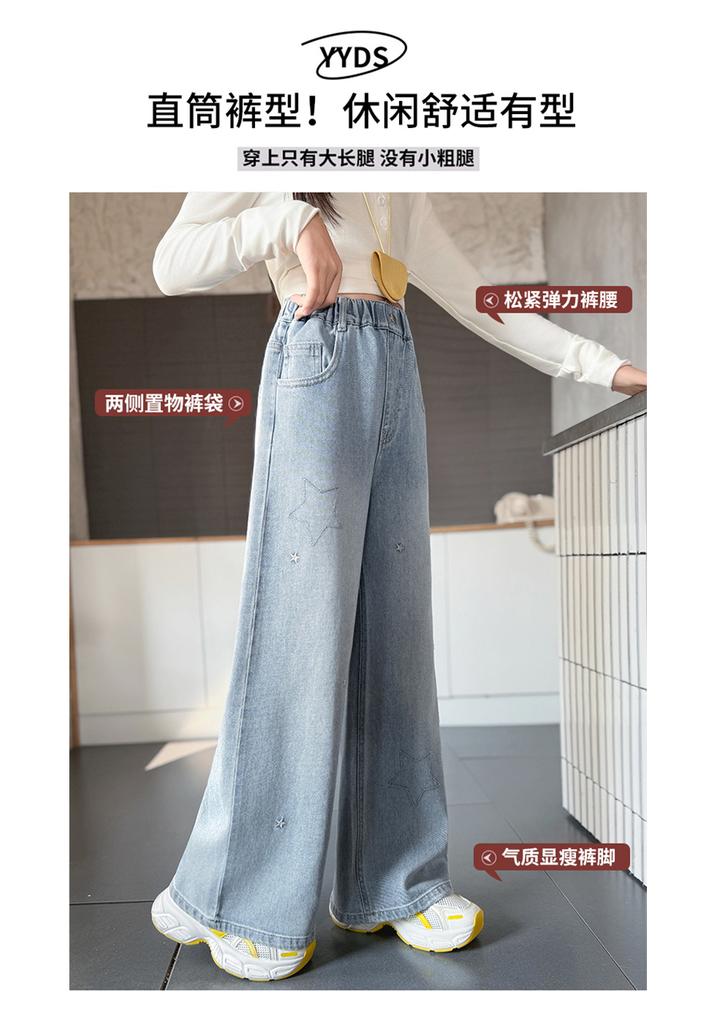 Girls' Denim Wide Leg Pants with Elastic Waistband, Children's Casual Pants, Children's Straight Leg Pants, 2026 Spring and Autumn Collection