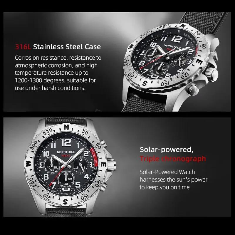 NORTH EDGE MACH 2 Men's Watches Solar Power 316 Stainless Steel Case Quartz Watch For Men Pilot Waterproof 50M Stopwatch