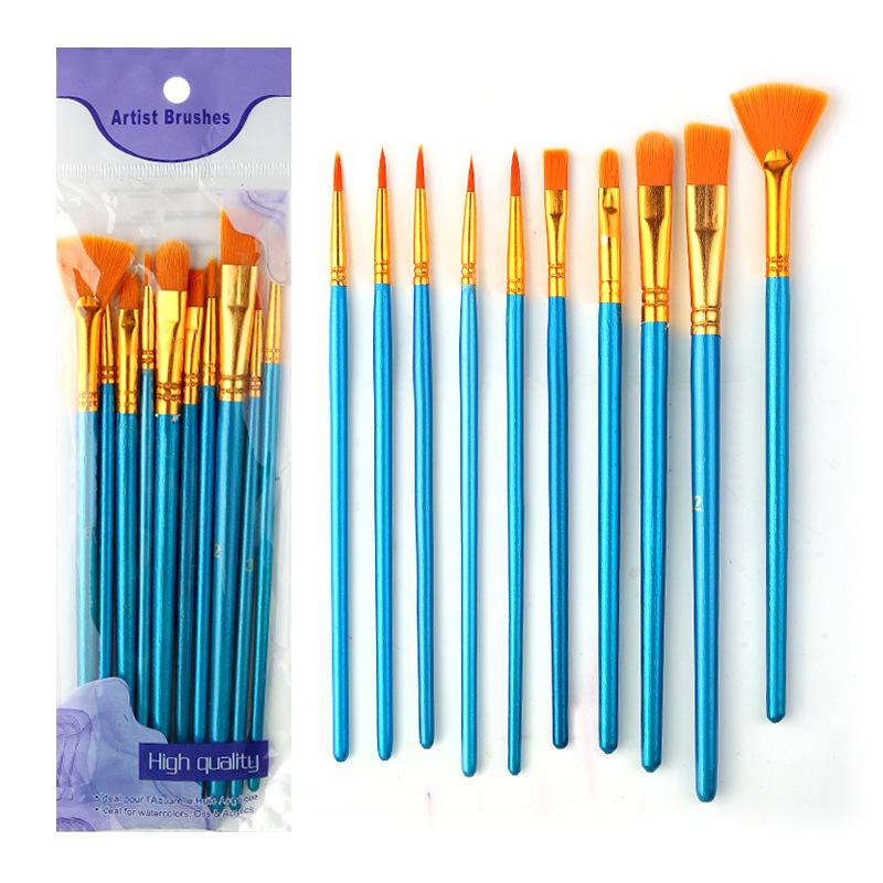 10-Piece Children's Paint Brush Set: Blue Handle Nylon Brushes for Acrylic, Watercolor, and Oil Painting