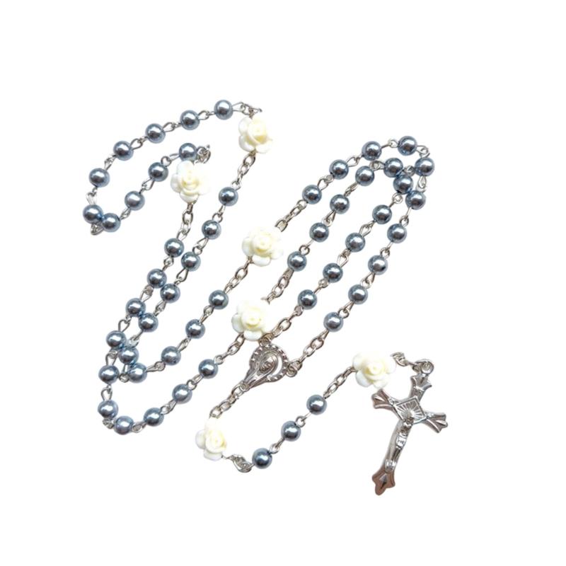 Elegant Rosary Beads Necklace With Glass Pearls and Crucifix Pendant for Prayer and Fashion