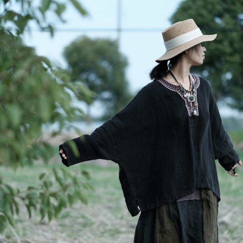 Johnature გაზაფხული ზაფხული ქალების ნაკერი თეთრეულის V-კისერით ვინტაჟური თავისუფალი მაისური სახელოებით მყარი ფერის დისტრეს მაისური