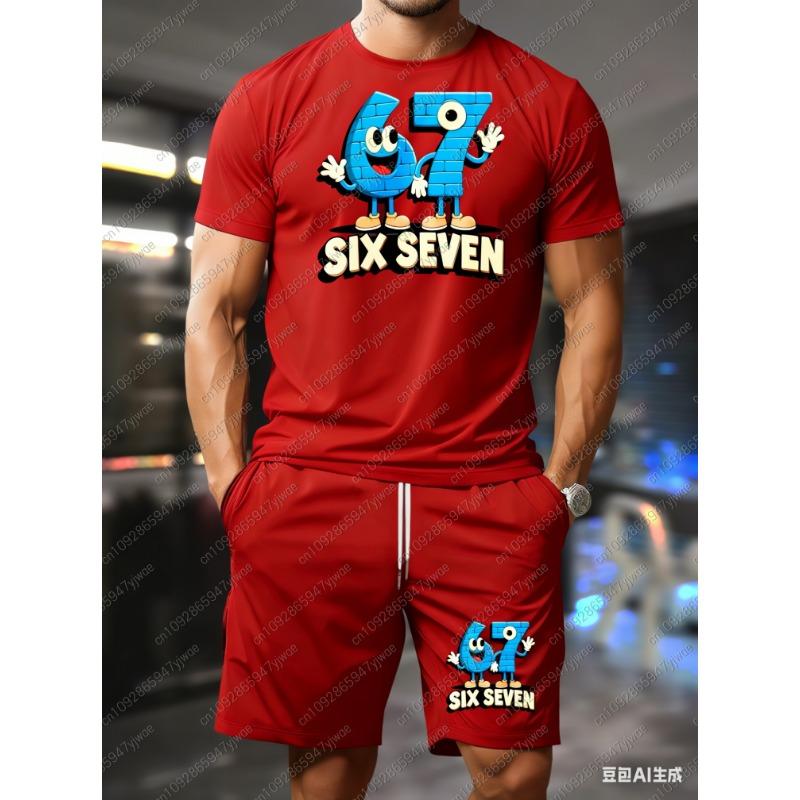 2026 Summer Men 2pcs Set Mens Six Seven 67 Pattern No Denim T-Shirt Shorts Set Adult Men Jogging Plus Size Tracksuit 2 Piece Set