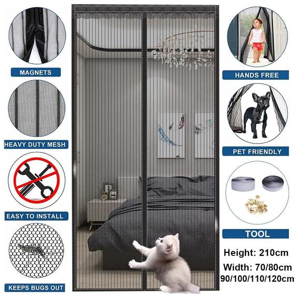 Heavy Duty Magnetic Screen Door Mesh Curtain Mosquito Net Bug Hands Free Partition Mute Striped Door Curtain Bedroom Ventilation