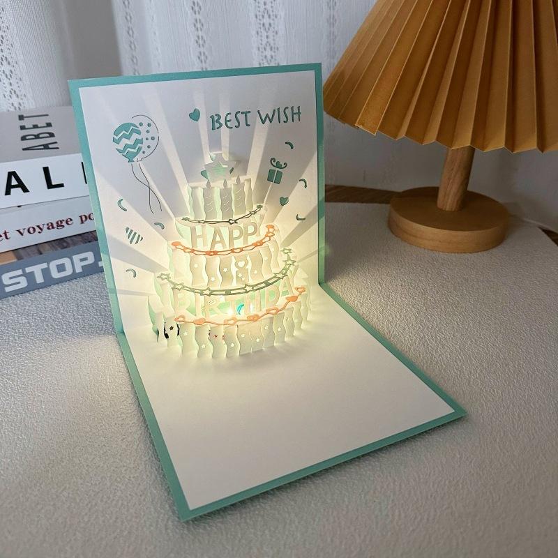 3D Musical Birthday Cake Card Pop Up Colourful Light with Envelope for Kids Baby Shower Wife Birthday Party Greet Cards DropShip