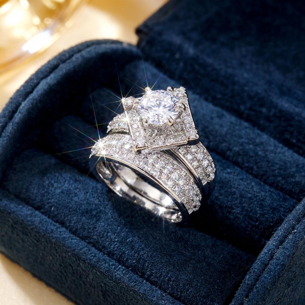 2Pcs Brilliant Square Zircon Promise Ring Set for Women Elegant Vintage Luxury Stackable Finger Ring Anniversary Party Jewelry