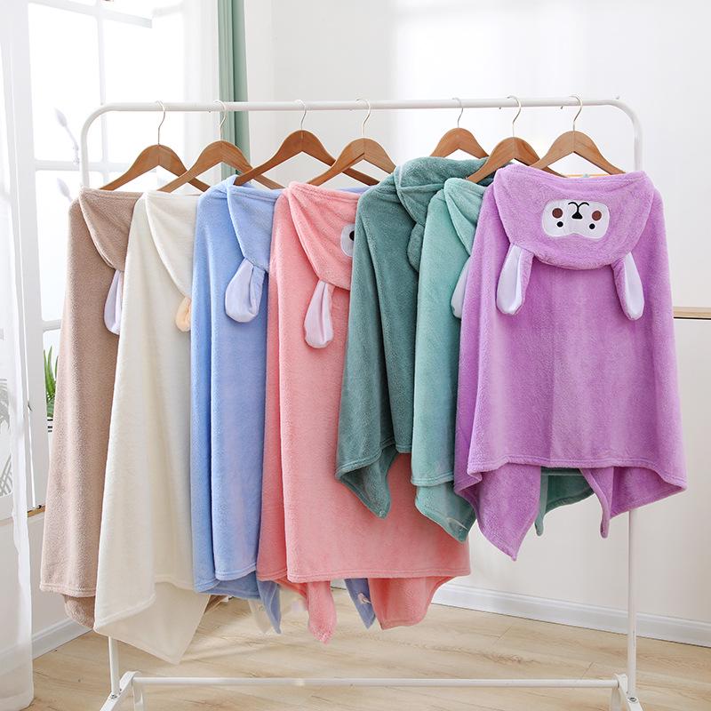 Cartoon Hooded Quick-Dry Coral Fleece Baby Poncho Towel