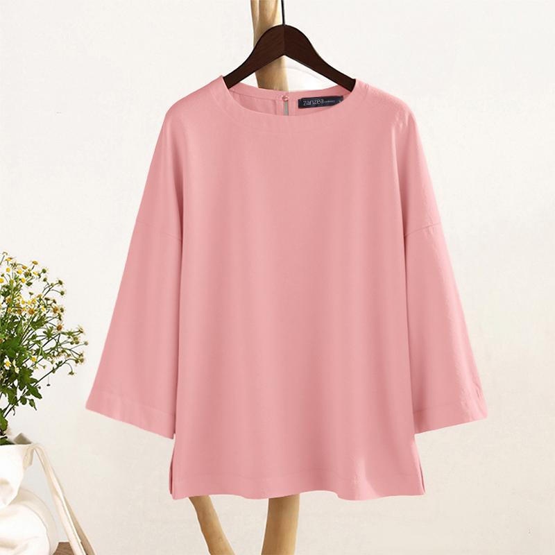 

ZANZEA Женская повседневная блузка из хлопка свободного кроя с круглым вырезом и рукавами 3/4 однотонная 5XL розовый