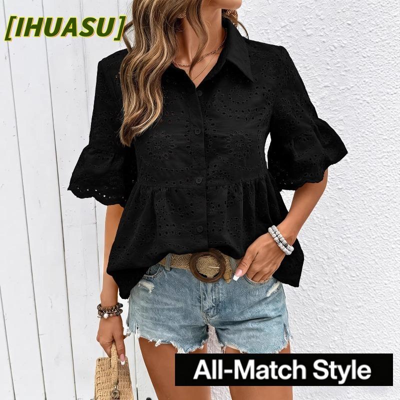 IHUASU Damenmode, lässig, einfarbig, kurzärmelig, Blusen und Hemden mit Polokragen