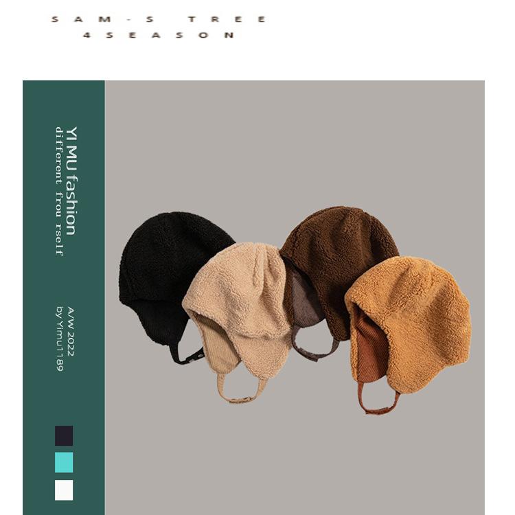 Corduroy flight cap, unisex, for skiing, warm, with fleece lining, ear-covering design, suitable for cycling, and resembling a Lei Feng cap