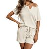 Women V Neck Short Sleeve Drawstring Shorts Set Textured Knit Loungewear Pajama Set for Home and Casual Wear
