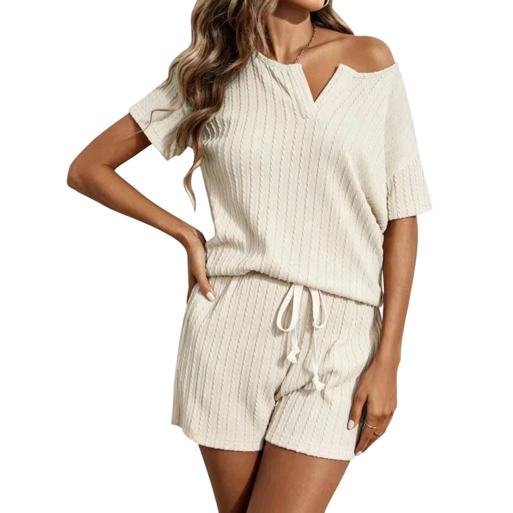 Women V Neck Short Sleeve Drawstring Shorts Set Textured Knit Loungewear Pajama Set for Home and Casual Wear