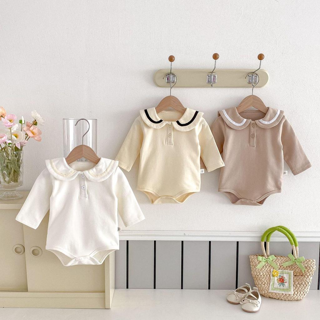 Korean Children's Spring/Autumn Lapel Romper - Cute Baby College Style Long-Sleeve Outfit.