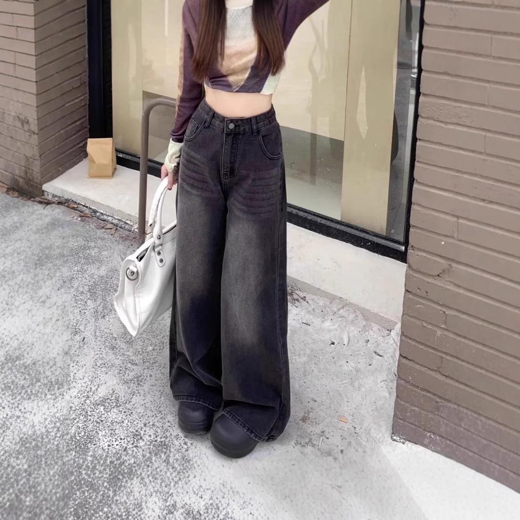 

American Retro High-Waisted Wide-Leg Jeans for Women - Autumn Slimming Versatile Loose Straight Pants Medium черный серый
